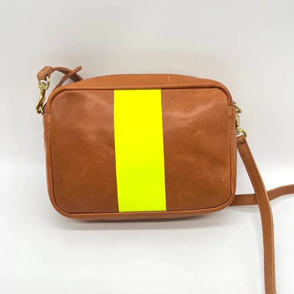 CLARE V Midi Sac Tan Nappetto Stripe Leather Crossbody Bag Women Neon Yellow NEW - Picture 3 of 16